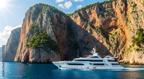Luxury yacht sailing past majestic cliffs on a sunny day adventure