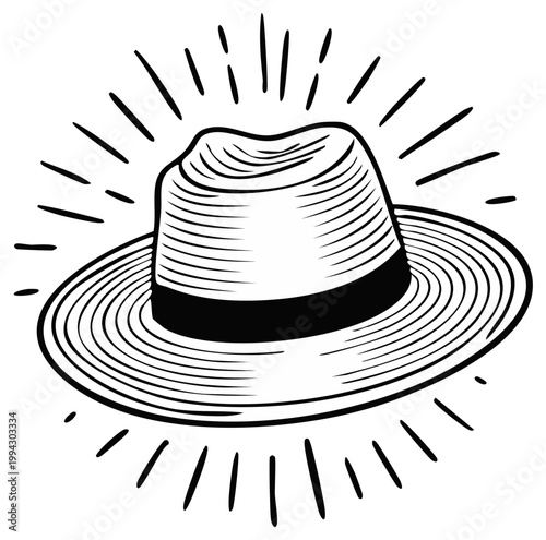 Elegant Engraved Fedora with Circular Brim Radiating Light Rays Hand Drawn Vintage Hat isolated