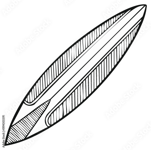 Hand-drawn surfboard sketch on white background, minimalist surfing equipment