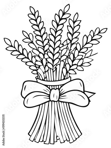 Black and white illustration of a wheat sheaf tied with a ribbon bow