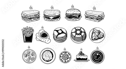 Food hand-drawn set with various dishes and snacks including burgers, fries, and cakes featuring illustration, vector, black and white with steaming