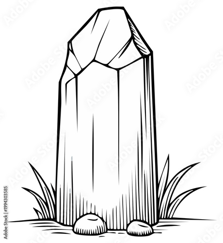 Stylized Illustration of a Tall Stone Monument with Grass and Pebbles