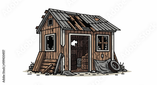 Dilapidated wooden shed with broken windows and debris scattered around