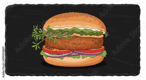 A close-up illustration of a meatless burger with fresh greens on a dark stone slab