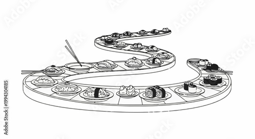 A conveyor belt carrying various sushi dishes and dipping sauce
