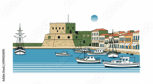 Harbor scene with historic fortress, colorful buildings, and boats under a stylized sun