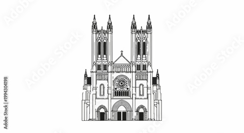 Grand stone structure with tall spires, arched windows, and a rose window