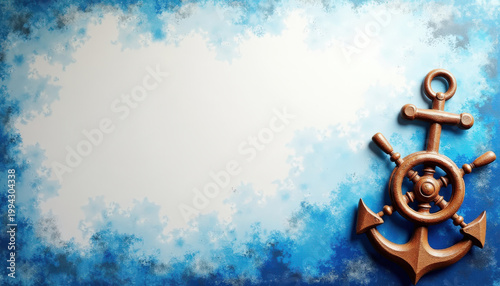Blue textured background, anchor with steering wheel of ship. Fantasy. Cruise, yachting, sailing themes. Copy space