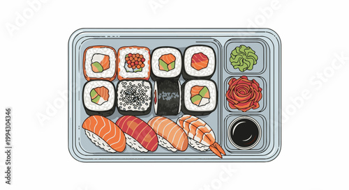 A detailed illustration of a sushi platter with various rolls and nigiri