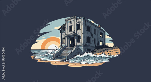 Ruined beach house succumbs to ocean waves under a fading sun
