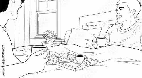 Two people enjoy coffee and breakfast in bed, a peaceful morning scene