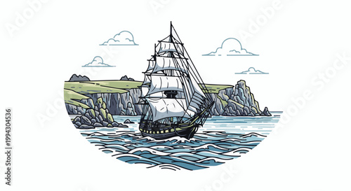Sailing ship navigates choppy seas near rugged coastal cliffs under a sky with clouds