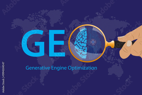 Hand holding magnifying glass over AI search on blue background, digital marketing strategy, content visibility, machine-driven discovery, search innovation, marketing, web development automation tool