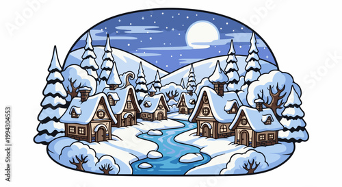 Charming snowy village nestled amongst snow-laden trees under a moonlit sky