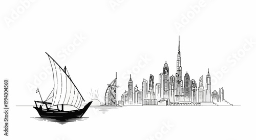 Black and white sketch of a sailing dhow approaching a modern city skyline
