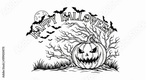 Spooky Halloween scene with Jack-o'-lantern, bare tree, bats, and moon