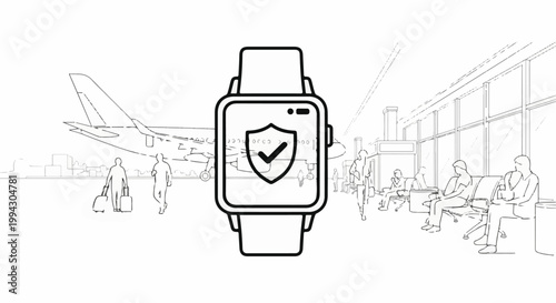 Smartwatch displays security shield at airport with plane and waiting passengers