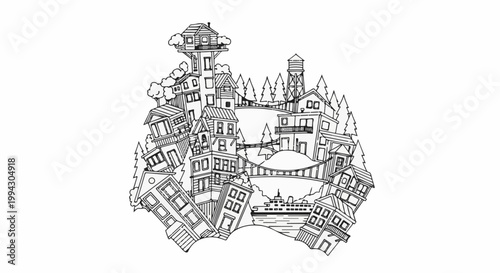 Whimsical village on a rolling hill with a ship on the water below