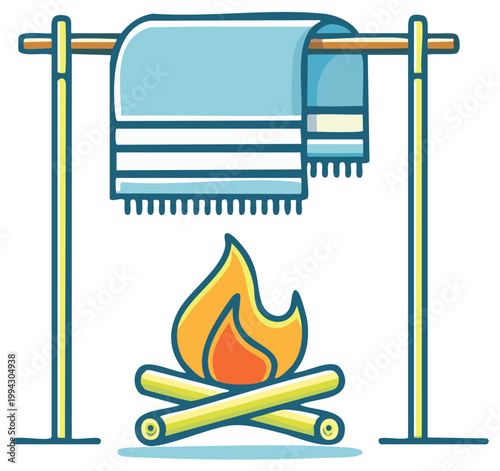Cartoon Scene Featuring Fireplace with Logs and Towel Rack with Hanging Blue Towel
