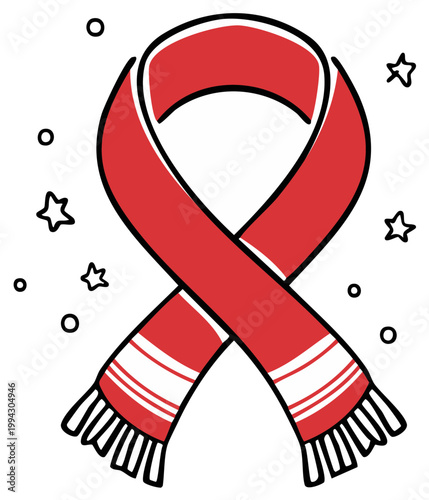 Red scarf with stars and snow, winter holiday design
