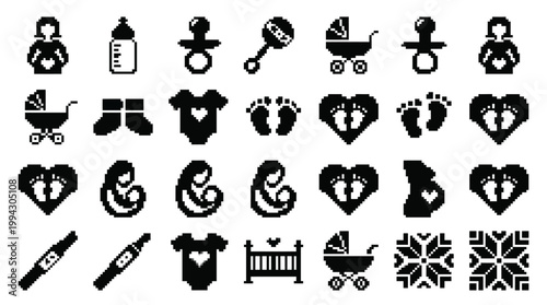Charming minimalist pixel art icon collection for baby and maternity themes, featuring silhouettes of pregnant women, baby bottles, pacifiers, rattles, strollers, rompers, and newborn essentials