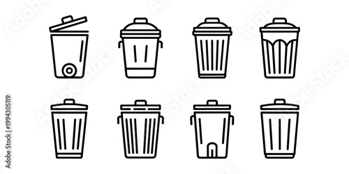 Black and white line of trash cans with lids and handles waste bins garbage containers recycling bins in white background