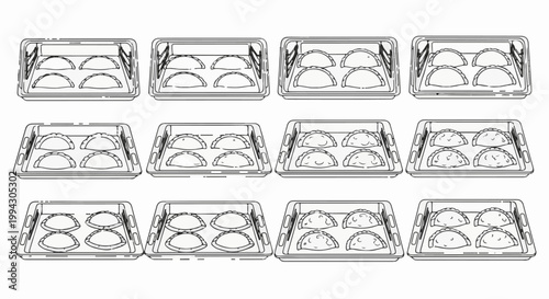 Twelve baking trays holding rows of filled pastries, each with intricate patterns
