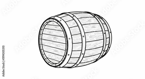A detailed black and white illustration of a wooden barrel with metal bands