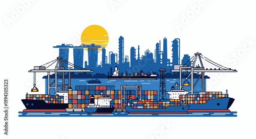 Busy shipping port with cargo ships, cranes, and industrial skyline