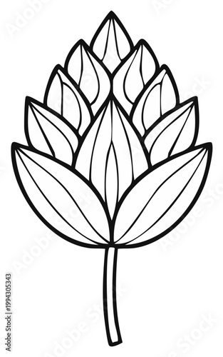 Artistic line drawing of a stylized hop cone with layered petals and a slender stem showcasing organic form.