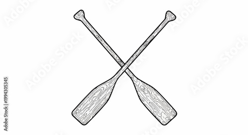 Two crossed wooden oars depicted in a sketch on a white background