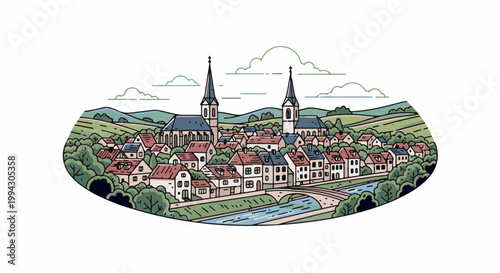 Charming European village with twin spires and a river runs through it