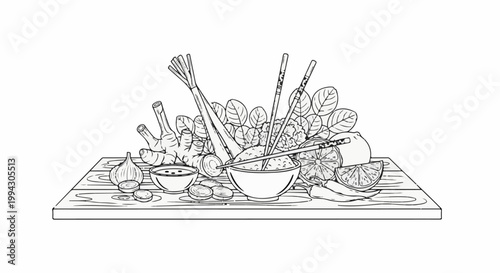 A line drawing of ingredients for a meal including rice, spices, and citrus
