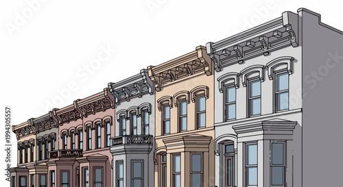 Stylized row of varied colored townhouses with ornate detailing and bay windows