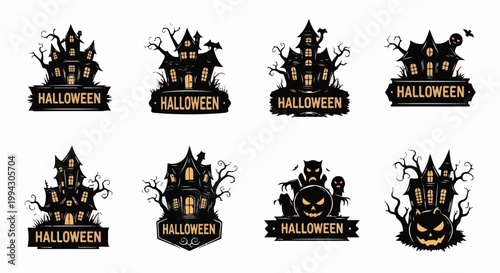 Collection of spooky haunted house and Halloween themed icons