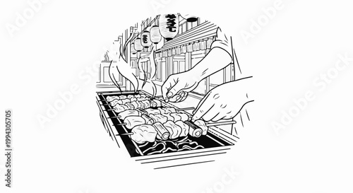 Hands grilling skewers on a street with lanterns and buildings