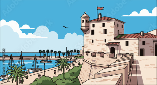 Sunny seaside with castle, yachts, palm trees, and pedestrians stroll