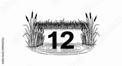 Stylized number twelve floats on rippling water amidst cattails and reeds