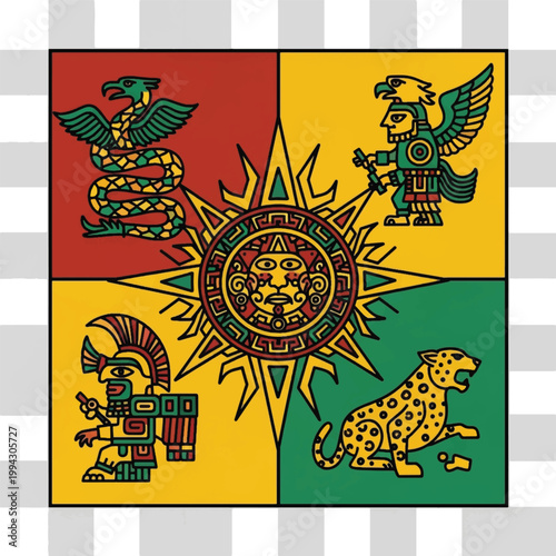 Aztec, Mexican, cultural symbols, vector icons, Quetzalcoatl, Jaguar, Sun, Eagle