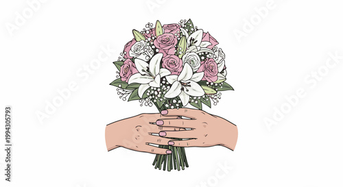 Pink and white floral bouquet held by delicate hands with painted nails