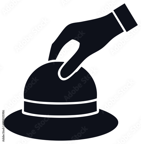 Gentleman hand tipping or holding a classic bowler hat black and white vector icon