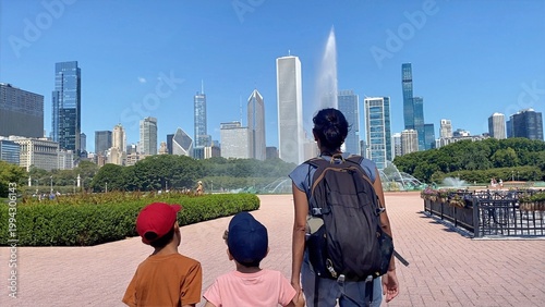 Принти на полотні Family tourists looking at the illuminated buckingham fountain and chicago skyli