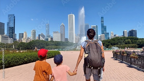 Tableau sur toile Family exploring chicago city skyline, seeing buckingham fountain with mother ho