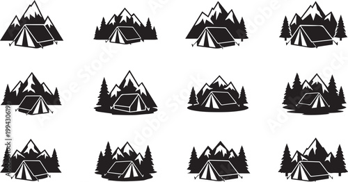 Mountain Camping and Tent Vector Icon Set for Outdoor Adventure