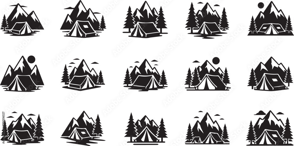 Fototapeta premium Camping Tent and Mountain Peak Icon Set for Outdoor Adventure