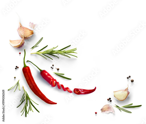 Fresh herb rosemary and red chilli pepper isolated on white background. Transparent background and natural transparent shadow; Ingredient, spice for cooking. collection for design