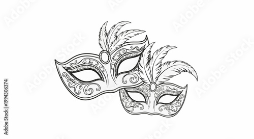 Ornate masks with feathers, detailed swirling patterns, and gemstones
