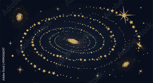 Stylized golden spiral galaxy with orbiting stars against a dark blue background