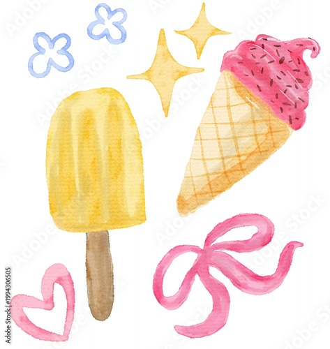 watercolor summer treats and coquette elements set : ice cream, popsicle, ribbon, and stars illustration 