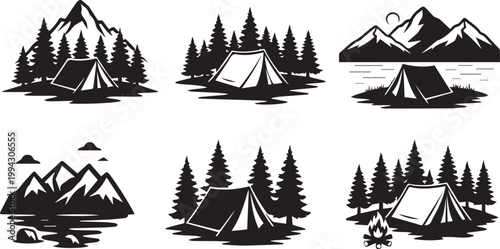 Camping and Outdoor Adventure Tent Vector Icon Set